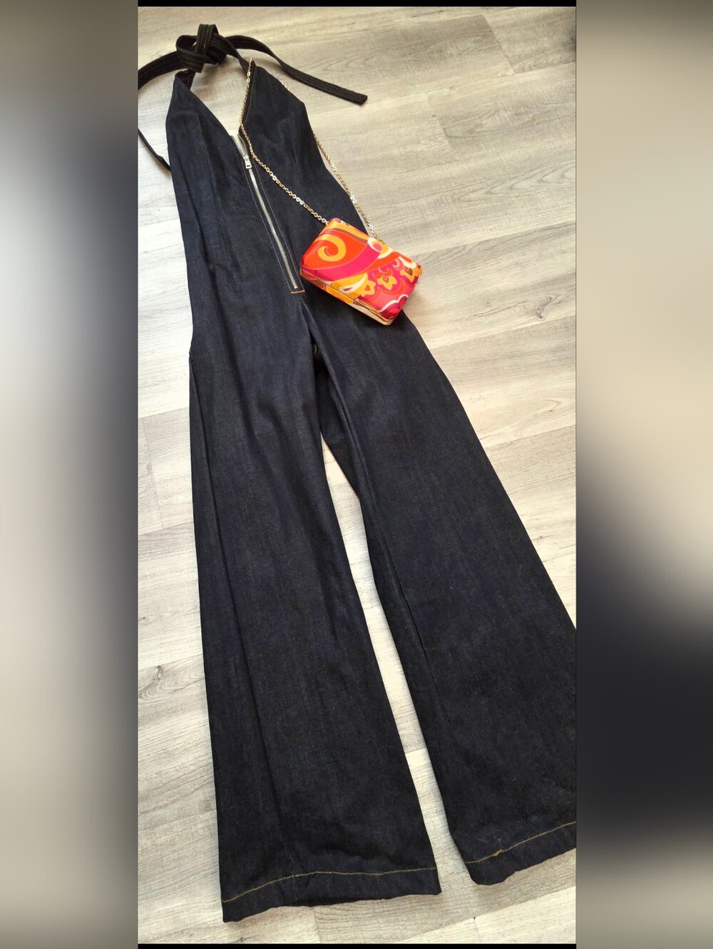 Zara ZW Collection Dark Denim Halter Jumpsuit – Wide Leg Sz S